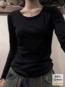 2pcs Women's Solid Color Long Sleeve T-Shirt, Round Neck Slim Fit Base Layer, Black + Heather Grey Versatile Casual Top - Heather Gray + Black - View 3
