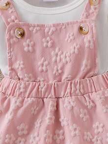 3pcs Baby Girl Sweet Princess Set: Solid Color Cap Sleeve T-Shirt, Jacquard Floral Pinafore Dress With Tiered Skirt, Headband With Bow - Pink - View 7