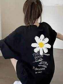 女款時尚休閒寬鬆字母與雛菊印花短袖T恤，夏季百搭黑色 - 黑色 - 查看 1