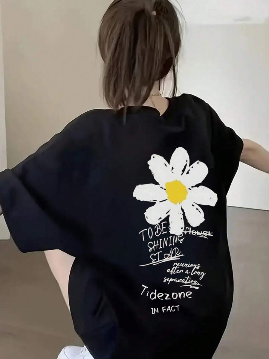 女款時尚休閒寬鬆字母與雛菊印花短袖T恤,夏季百搭黑色 - 黑色 - 查看 1