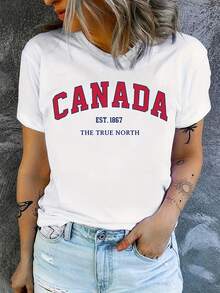 Women's T-Shirt With Canada Commemorative Design - Loose-Fitting Black Summer T-Shirt With The Striking "Canada EST." In Red. Features "1867" And "True North" Designs. Comfortable And Washable Casual T-Shirt - 白色 - 查看 1