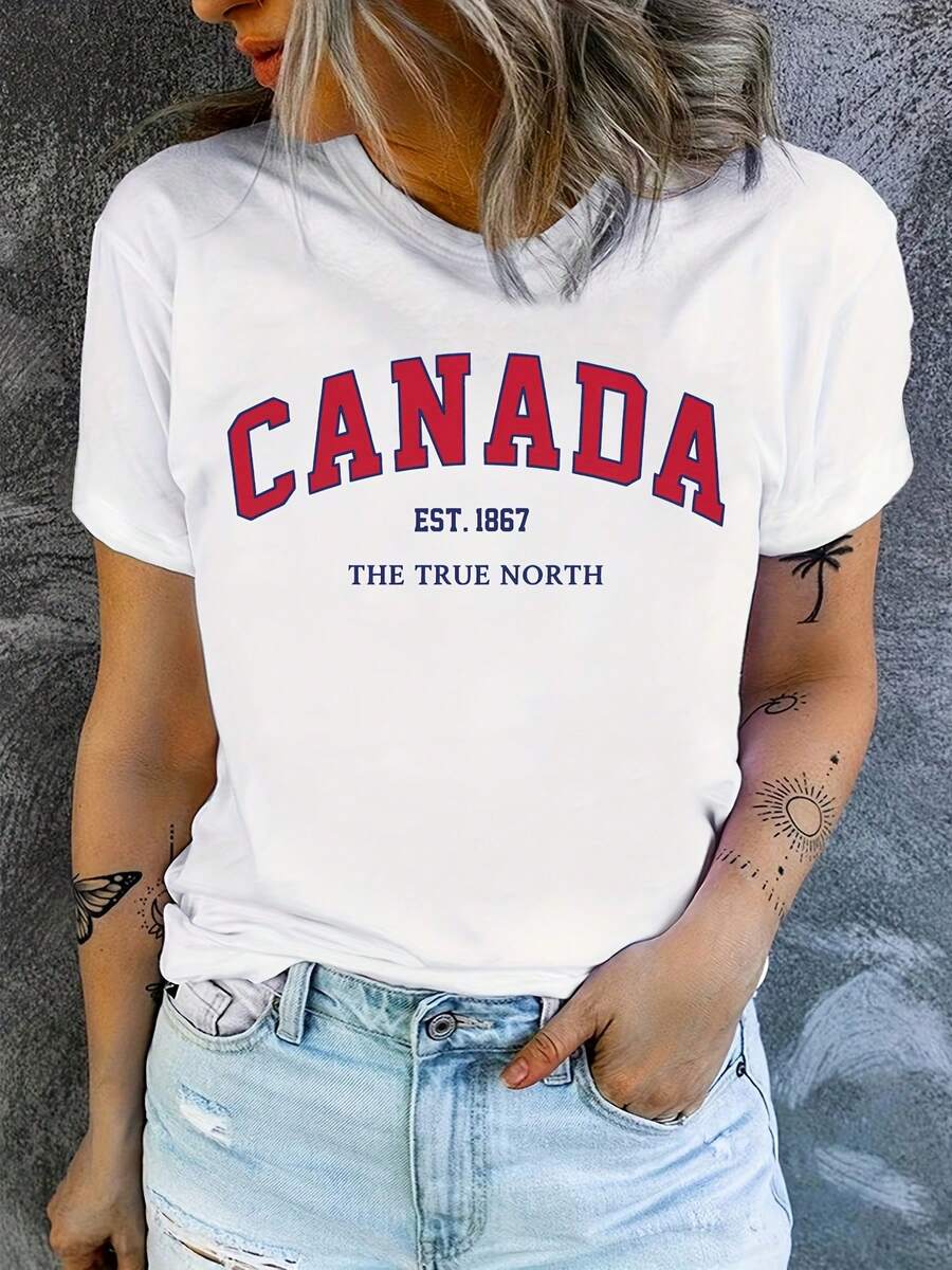 Women's T-Shirt With Canada Commemorative Design - Loose-Fitting Black Summer T-Shirt With The Striking "Canada EST." In Red. Features "1867" And "True North" Designs. Comfortable And Washable Casual T-Shirt - 白色 - 查看 1