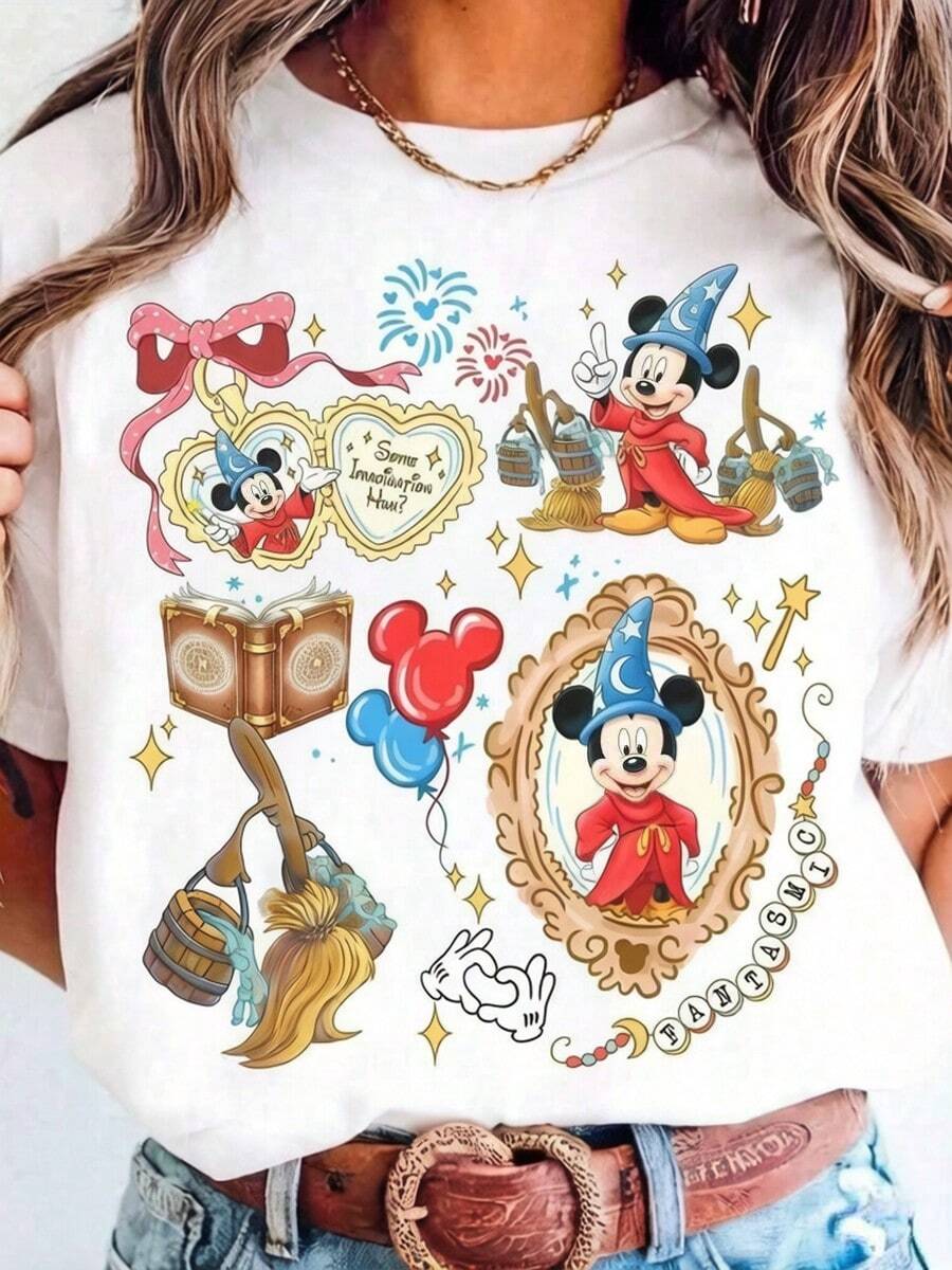 Oversize T-Shirt Disney Disney Wo Fantasia & Minnie Mouse T-Shirt Officially 100% Cotton For Women, Suitable For Daily Outings Summer Casual Wear - 白色 - 查看 1