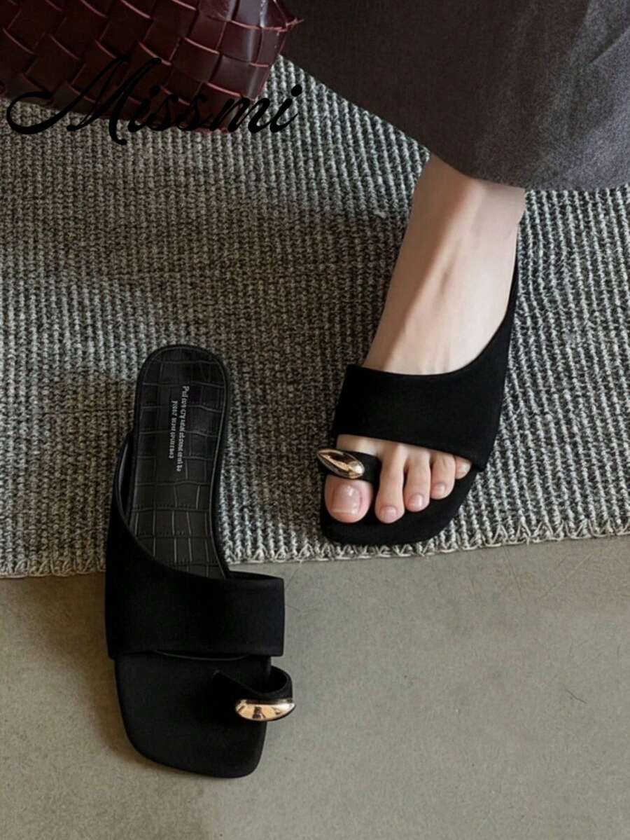 法式復古女款露趾一腳蹬涼鞋，夏季戶外穿著，粗高跟拖鞋夾腳拖 - 黑色 - 查看 1