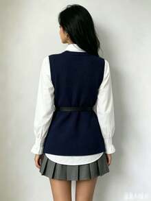 2-Piece Set: Long-Sleeved Dress Shirt + Ribbed Knit Vest With Side Slit And Belt - 藏蓝色 - 查看 2