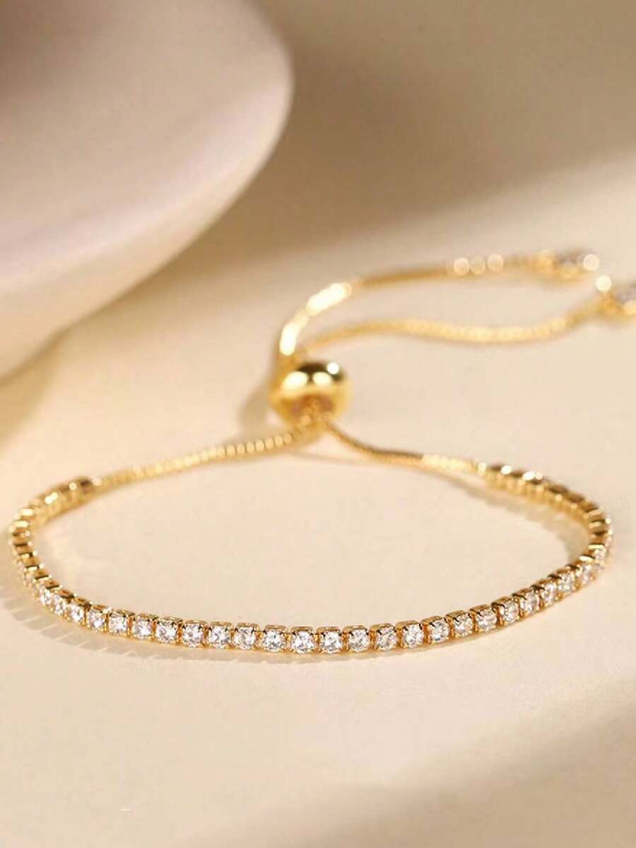 1pc Zirconia Inlaid Single Row High Quality Bracelet, Women's Fashion Simple Personalized Adjustable Pull-Cord Versatile Bracelet - Gold - View 1