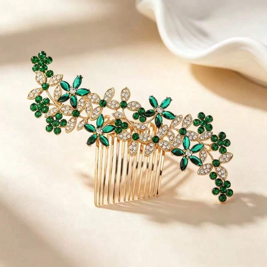 1pc Women's Fashion High-End Heavy Rhinestone Flower Hair Comb,Combs - Green - View 1