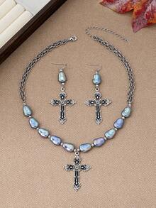 3pcs Vintage Distressed Silver-Tone Baroque Faux Pearl Jewelry Set, Iridescent Asymmetrical Baroque Faux Pearl Necklace With Carved Black Enamel Cross Pendant, Gothic Cross Drop Earrings, Western Religious Style Women's Party Accessories - Multicolor - View 4