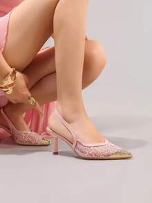女款時尚蕾絲刺繡粉色金屬鞋頭性感尖頭超高跟晚宴鞋 優雅婚禮細高跟涼鞋 - 粉色 - 查看 8