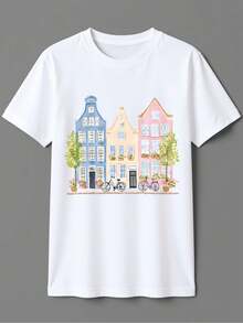 Camiseta Casual Personalizada para Mujer con Estampado Artístico Pastel de la Casa de Amsterdam - Corte Holgado, Cuello Redondo, Manga Corta, Lavable a Máquina para Verano y Todas las Tempor - Blanco - Ver 2