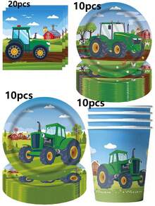 10pcs Tractor Theme Party Tableware Set, Disposable Tableware Set, Table Decor, Birthday Decoration, Picnic Supplies, Scene Decoration, Party Atmosphere Props, Holiday Supplies, Party Decoration Supplies - Multicolor - View 10