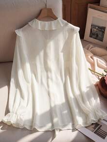 French Chic Women Multi Ruffle Front Tie Crinkle Textured Blouse, Long Sleeve V Neck Semi Sheer Elegant Shirt For Daily Commute - Apricot - View 5