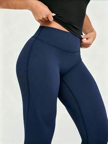 1pc Women's Yoga Pants Casual Sports Straight Leg High Waist Slimming Tummy Control Dance Wide Leg Capri Pants - Navy Blue - View 5
