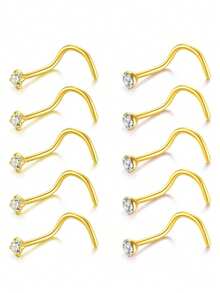 10pcs 316L Hypoallergenic Stainless Steel S-Shaped Nose Studs, 2 Styles (Claw & Bezel) Clear CZ Nose Piercing Jewelry, Women's Daily Wear Nose Rings - 10pcs - View 1