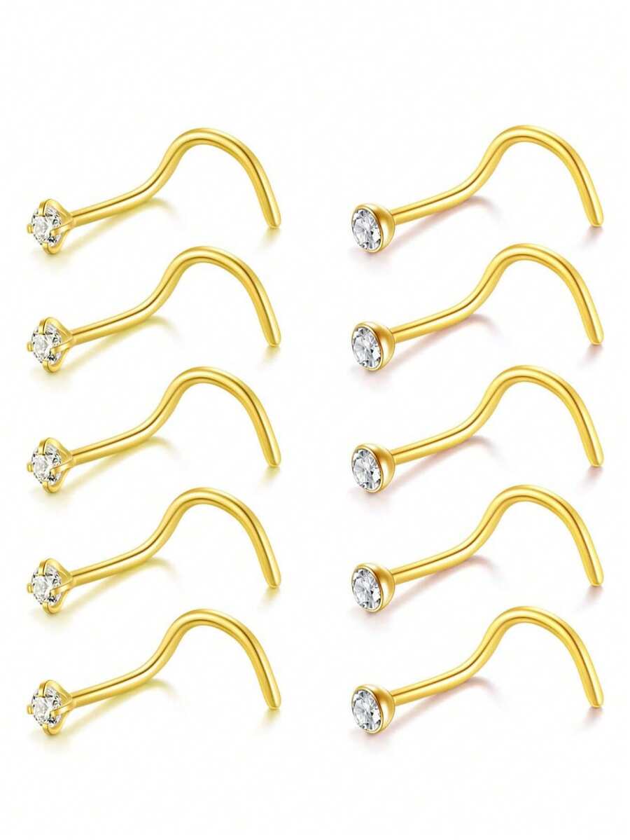 10pcs 316L Hypoallergenic Stainless Steel S-Shaped Nose Studs, 2 Styles (Claw & Bezel) Clear CZ Nose Piercing Jewelry, Women's Daily Wear Nose Rings - 10pcs - View 1