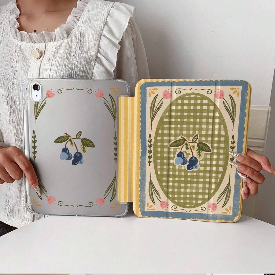 1pc Vintage Fan-Shaped Frame Plaid Blueberry Double-Sided Matching Print Tablet Protective Case, Compatible With IPad PRO/AIR, Pad 5/6/7, Matepad - Multicolor - View 1