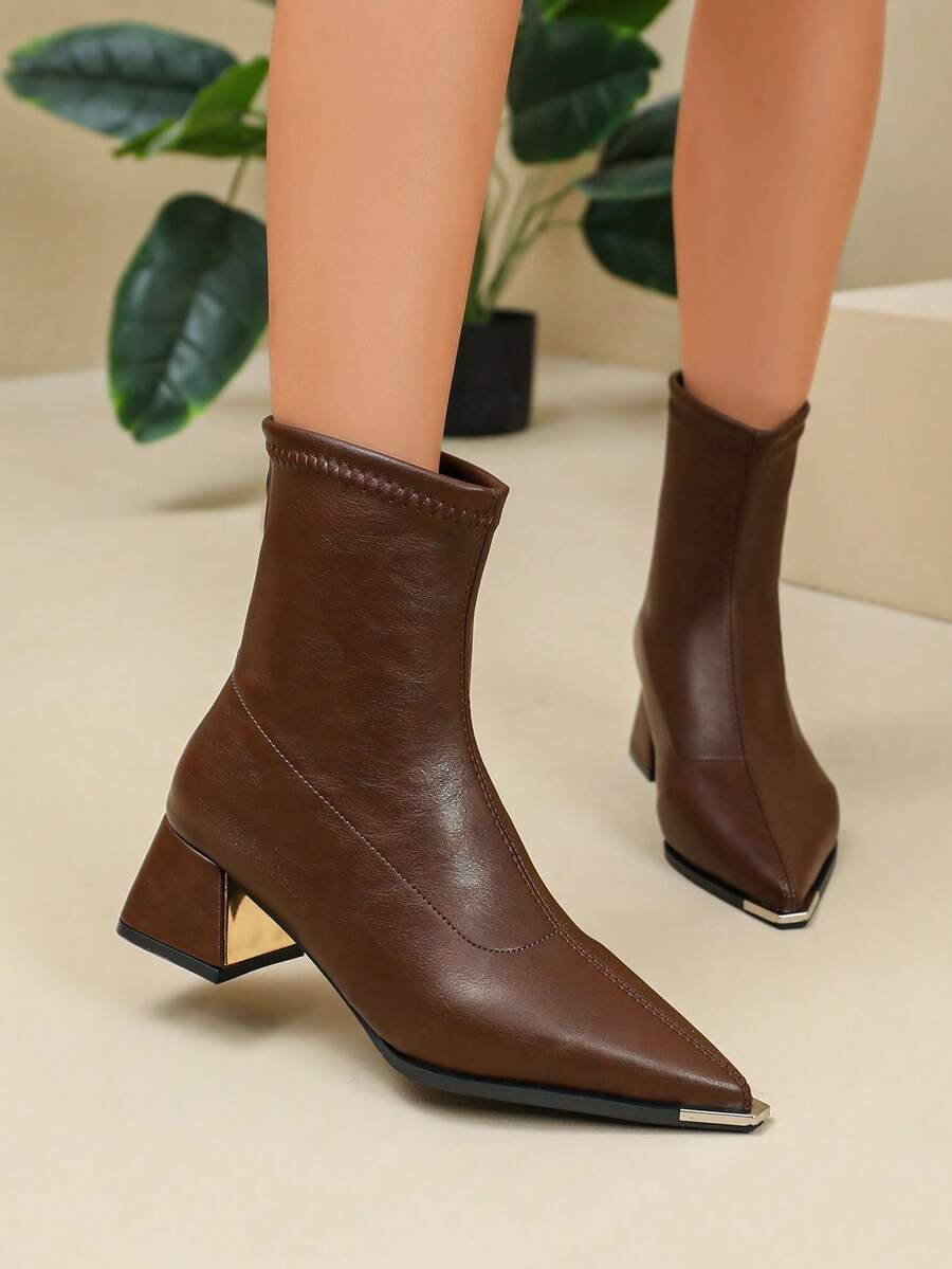 Fashion Metal Toe Brown Ankle Boots For Women, Autumn/Winter Thermal Lined Warm Classic American Style Boots, Pointed Toe Chunky Heel Back Zipper Mid-Calf Boots