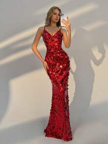 Elegant Red Spaghetti Strap Sequin Maxi Dress - Sparkling Evening Gown, Suitable For Weddings, Formal Parties, Summer Vacations, Proms And Graduation Parties In Autumn - Red - View 4