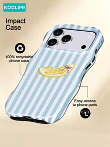 KOOLIFE 1-Piece White Phone Case With Light Blue Hand-Painted Striped Pattern, Suitable For Phone 17 Pro Max, And Also For IPhone 16 Pro Max, 15 Pro Max, And 14 Pro Max. A High-End, Fashionable, And Fun Korean-Style Phone Case, Compatible With 11/12/13/14/15/16 Pro Max. - Blue and White Striped Lemon - View 4