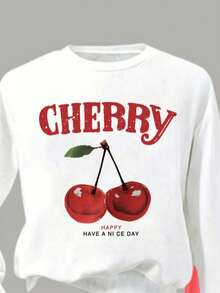 Young Girl Cartoon Cherry Print Warm Crew Neck Sweatshirt And Cargo Pants - White - View 4