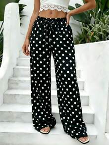 1pc Polka Dot Print Pocket Casual Pants, Suitable For Home, Daily Wear, Festivals, Singles Party, Spring/Summer All Seasons Black - Black - View 6
