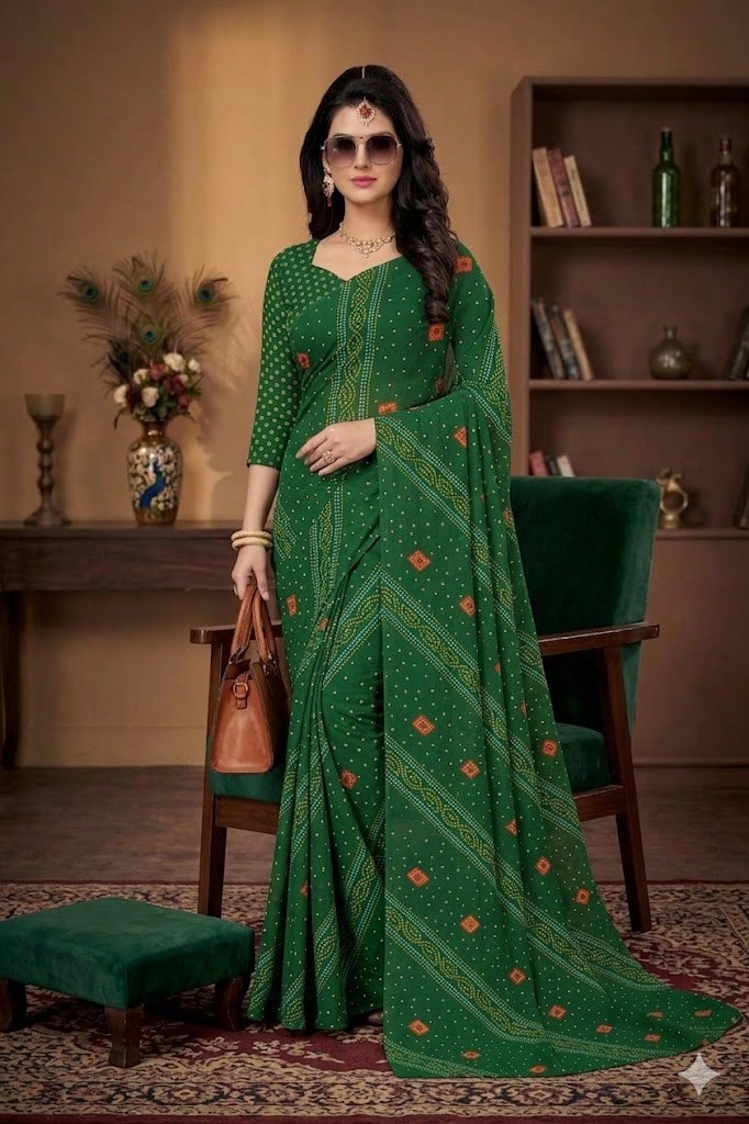 Estationeryhouse Bandhani Diagonal Print With Unstitched Blouse Piece - Green - View 1