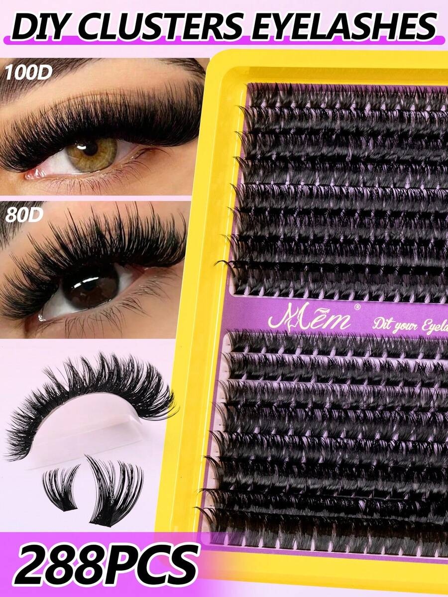 288 Clusters Of D-Roll Vacation Eyelashes, 9-16mm, 80+100D, Soft And Thick, Suitable For Beginners To Wear Quickly, Lightweight And Portable, Suitable For Daily Wear And Party Styling, Lash Clusters,Manga Lashes,Cat Eye Lashes,Lash Tech Supplies