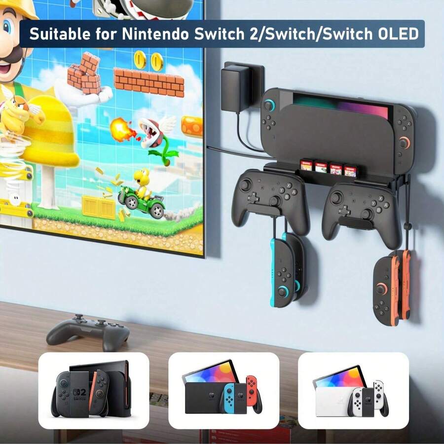 Wall Mount For Switch 2/Switch OLED/Switch Console, Switch 2 TV Dock Storage Rack, Switch 2 Pro Controller Wall Mount With 8 Card Slots And 4 Hooks, Black - Black - View 1