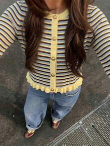 Women's Autumn Striped Patchwork Round Neck Metal Button Ruffle Hem Long Sleeve Knit Cardigan, Multi-Color Striped Knit Sweater Fall - Multicolor - View 3