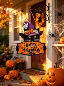 1 Set Halloween Door Decor - Witch Hat, Black Cat And Happy Halloween Banner - Indoor/Outdoor Hanging Decoration - Suitable For Halloween Party, Home Decor Or Gift - Vintage Halloween Door Decor - Multicolor - View 2