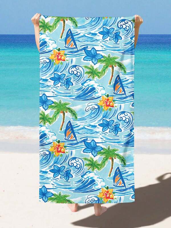 1pc Hawaiian Wave & Coconut Tree Print Beach Towel, Modern & Vintage Style Fiber Rectangular Travel Home Beach Towel, Suitable For Swimming, Diving, Summer