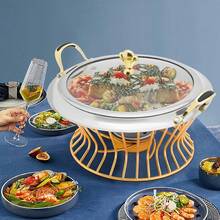 9.45 Inch Table Buffet Chafing Dish, Golden Stainless Steel Round Chafing Dish W/Glass Lid & Holder, Small Pretty Waist Chafing Dish For Parties, Wedding, Camping [A Good Gift For Family And Friends] - 9.45 Inch Golden - View 5