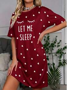 女款「Sleep」標語睫毛圖案睡衣－舒適短袖圓領 T-shirt 連身裙，附愛心裝飾，四季針織居家睡衣 - 酒紅色 - 查看 4