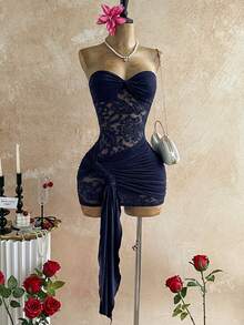 Nuevo vestido mini ajustado con dobladillo con cordón, estilo bohemio para fiesta, banquete, vacaciones, crucero, playa, con encaje twist bandeau, rosa transparente vintage - Celeste - Ver 1