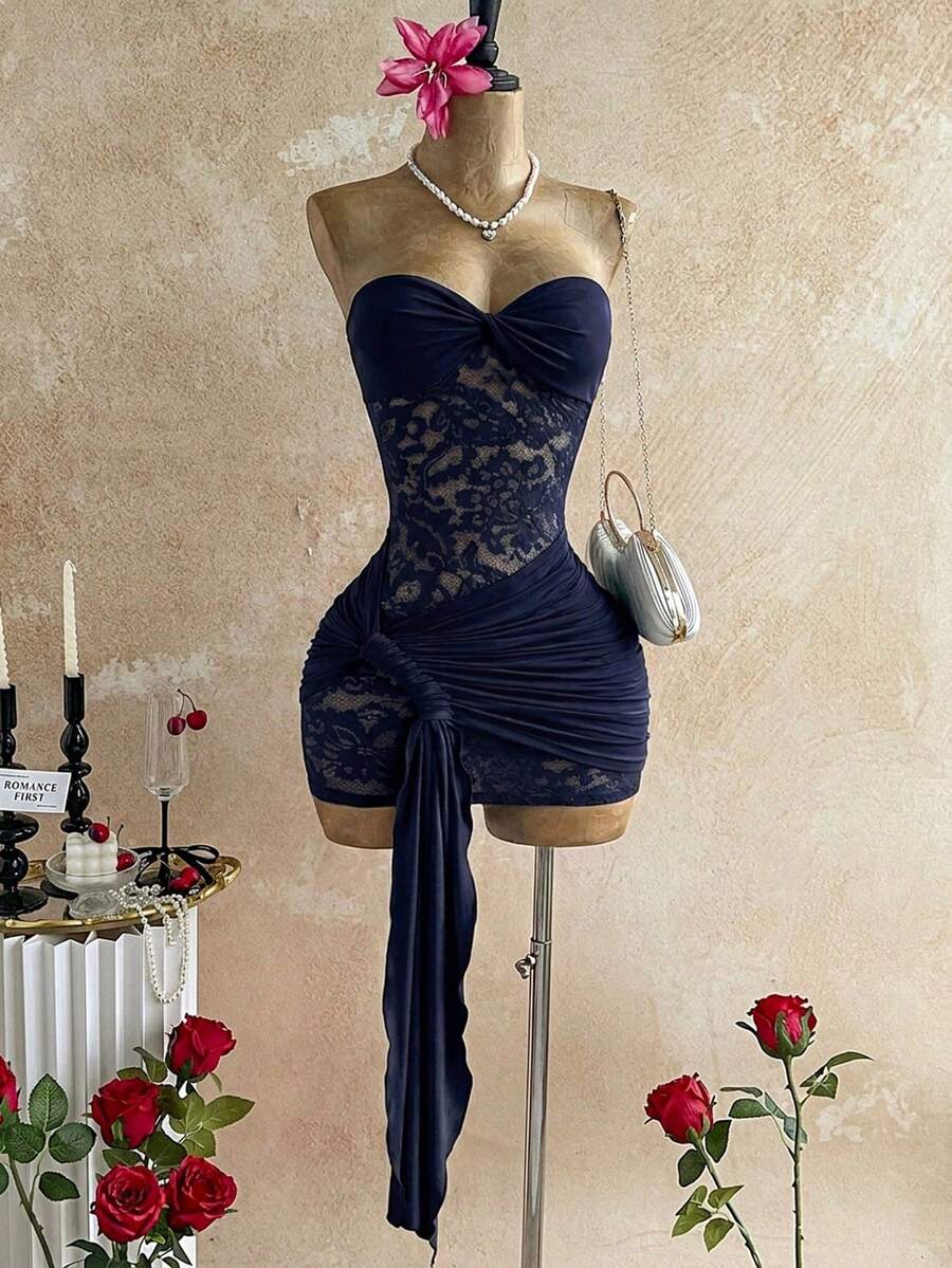 Nuevo vestido mini ajustado con dobladillo con cordón, estilo bohemio para fiesta, banquete, vacaciones, crucero, playa, con encaje twist bandeau, rosa transparente vintage - Celeste - Ver 1