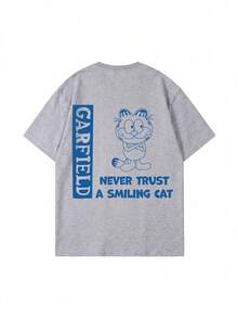 SHEIN | Garfield Women's Light Grey Double Sided Tee, Front Small Blue Line Slogan Back Vertical Never Trust A Smiling Cat Print Loose Short Sleeve - Light Grey - View 4
