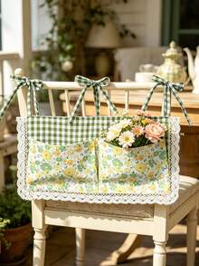 1pc Korean Vintage Green Short Curtain, Suitable For Kitchen Oven, Bedside Dual Pocket Storage Bag, Can Store Bottles, Small Items, Phone, Etc., Car Storage Bag - Green - View 8
