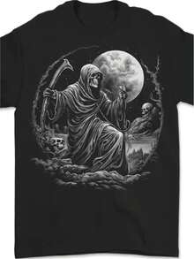 Men's Pure Gothic Skull Pattern T-Shirt (Crew Neck/Short Sleeved/Machine Washable) Y2K Street Hip-Hop Style Religious Symbol Casual Summer Top Dark Ae - 黑色 - 查看 1