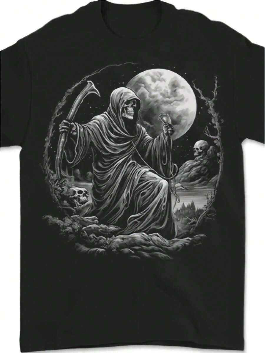 Men's Pure Gothic Skull Pattern T-Shirt (Crew Neck/Short Sleeved/Machine Washable) Y2K Street Hip-Hop Style Religious Symbol Casual Summer Top Dark Ae - 黑色 - 查看 1