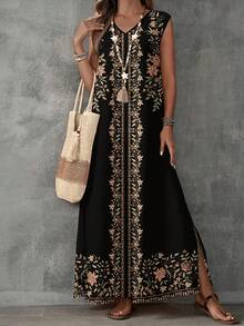 Vestido Maxi Sin Mangas Cuello V con Estampado  , Tela Lino Algodón Holgado con Abertura Lateral Mujer Estilo Boho - Flor negra - Ver 1
