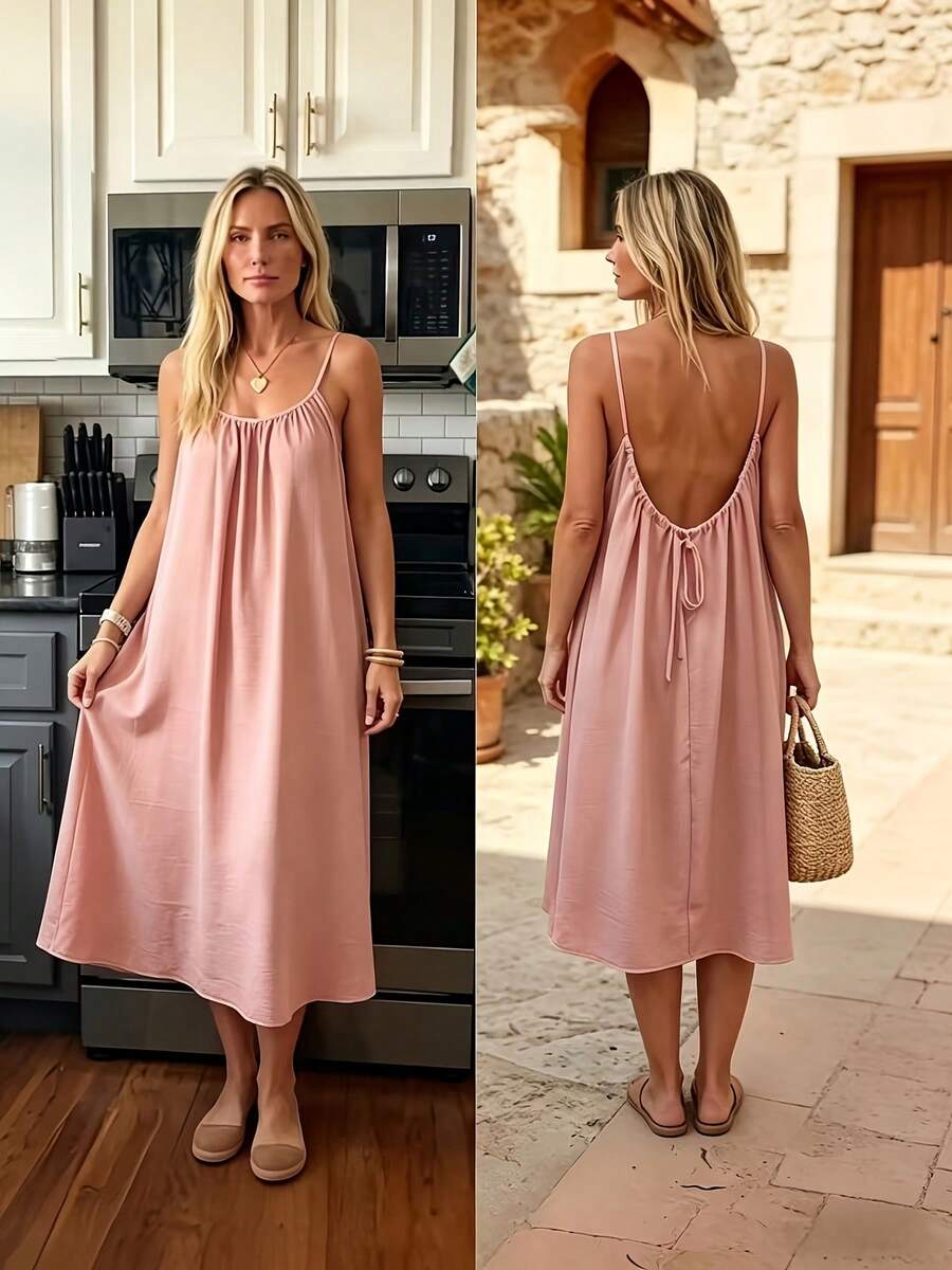 Perfect For Your Vacation! Midi Dress With Thin Straps, Open Back With Drawstring, Lightweight Fabric That Flatters Your Figure. - 紅色 - 查看 1