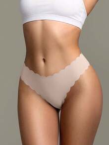 Secret Verse 1Pc Women Solid Black Scalloped Edge Seamless Low Rise Thong, Smooth Invisible Soft Stretch Daily Underwear - Apricot - View 3