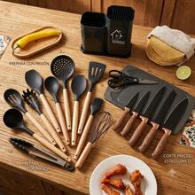 19-Piece Silicone Kitchen Utensil Set, Heat-Resistant And Scratch-Resistant Cooking Tools, Stainless Steel Knives With Silicone Handles, Includes Storage Rack (Black) CWKW - Black - View 4