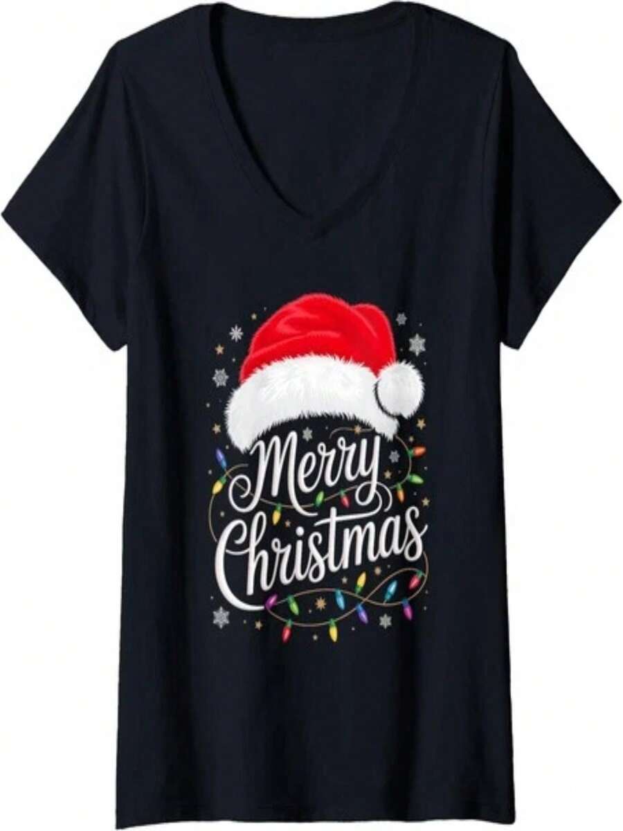 Women's Fun Christmas Graphic V-Neck T-Shirt, Plus Size - 黑色 - 查看 1