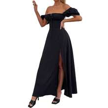 New Style Summer Dress With Puff Sleeves, Strapless, Solid Color, Short Sleeves And Slit At The Hem For Women. - 黑色 - 查看 2