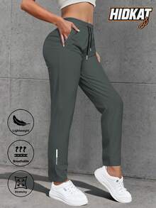 Women's Casual Elastic Sports Pants, Lightweight Breathable Outer Wear, Slimming Drawstring Waist, Suitable For Running, Yoga, Workout, Spring/Autumn - Grey - View 2
