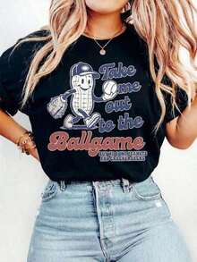 Soft Cotton Summer T-Shirt, Casual Printed T-Shirt, 100% Cotton, Baseball Game Day T-Shirt, 'Take Me To The Baseball Game' T-Shirt, Vintage Baseball Sports T-Shirt - 黑色 - 查看 1