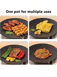 1pc Korean Style Round Griddle Pan, Dual Handle Design, Even Heat Distribution, Suitable For Searing Steak, Pork Belly, Seafood, Making Fried Rice, Pasta. Ideal For Home Indoor Cooking And Outdoor Camping, Picnic, BBQ Party. - Black - View 3