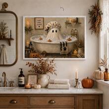 1pc Bathtub Ghost Painting: Vintage Halloween Bathroom Wall Decor, Cute Ghost Soaking In Bubble Bath Surrounded By Small Pumpkins, Canvas Wall Art, Suitable For Home, Dorm, Living Room Decoration, Birthday And Graduation Gift Halloween Decor Halloween Gift All Saints' Day Decor All Saints' Day Gift - A - View 2