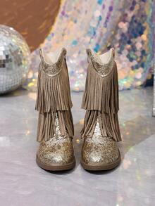 NILOSH Girls' Glitter Tassel Denim Boots, Western Mid-Calf Boots, Suitable For Parties, Dancing And Performances - Gold - View 2